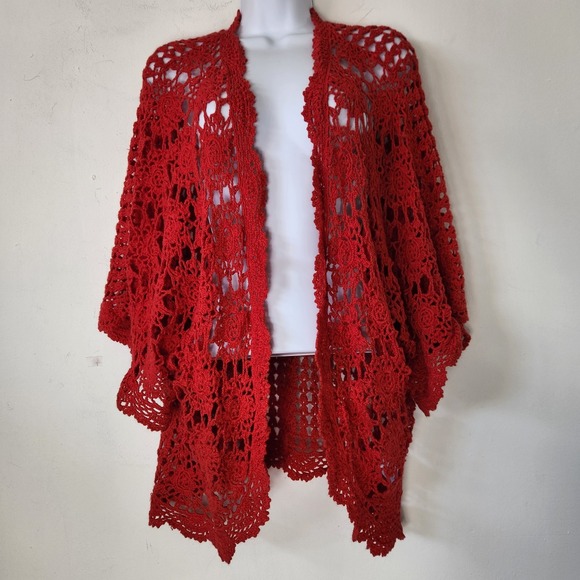 Jessica London Sweaters - Red Floral Crochet Cardigan Sz 22/24 Boho Whimsigoth Kimono Open Front Festival